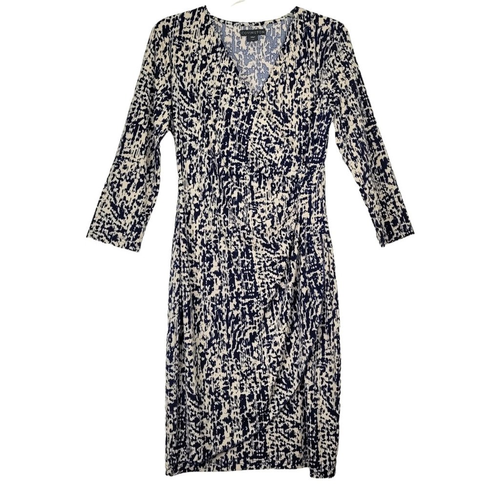 Covington Women's M Dress Faux Wrap 3/4 Sleeve Sheath Casual Career Blue NWT